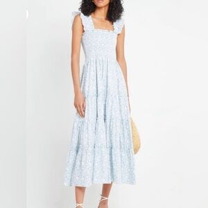 Kourt Smocked‎ Bodice Blue Tiered Cottagecore Floral Print Midi Maxi Dress Small